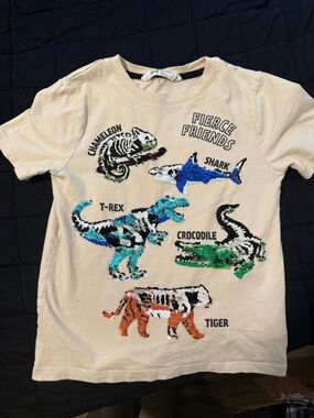 H&M Beige Kids Tee with Multicolor Sequin Animal Designs